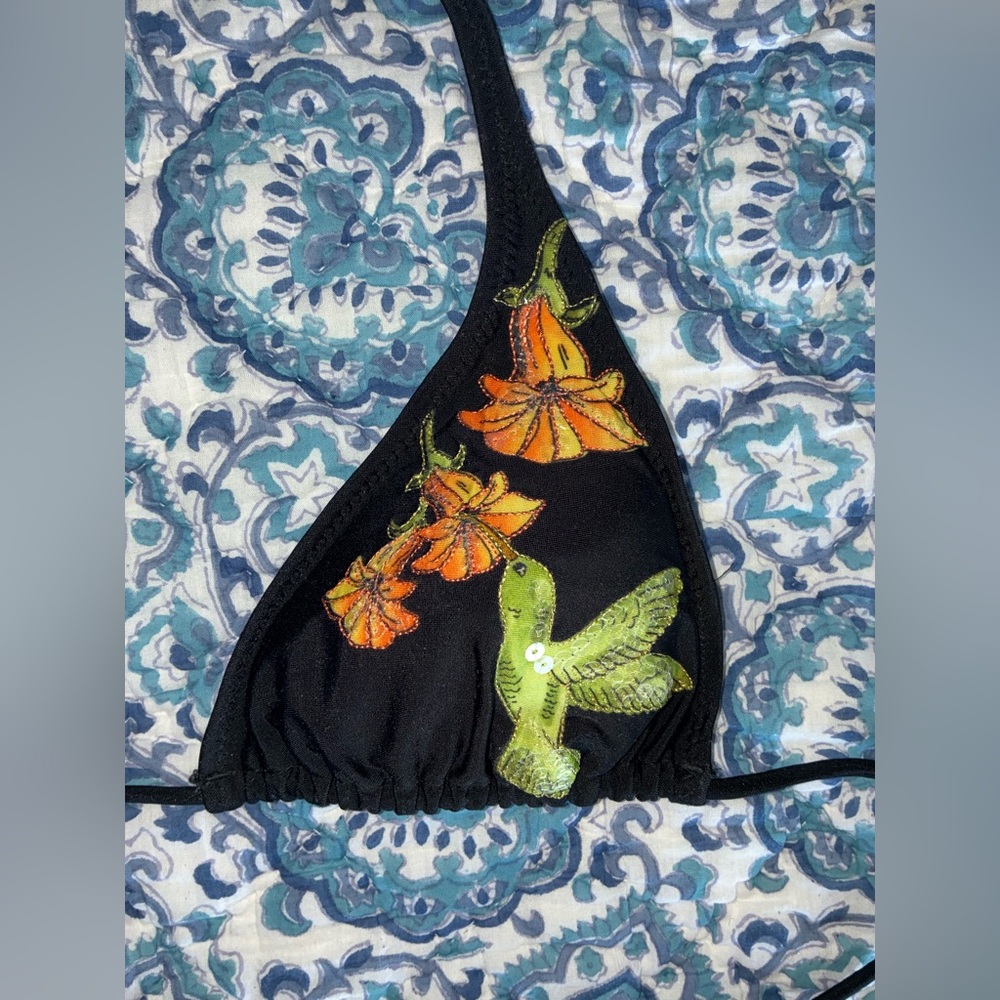 H&M Black Bikini Top with Hummingbird and Flower Embroidery and Sequins - Picture 3 of 6